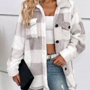 NWT Women's Fuzzy Plaid Button-Up Sweater Jacket White And Light Purple Gray - S